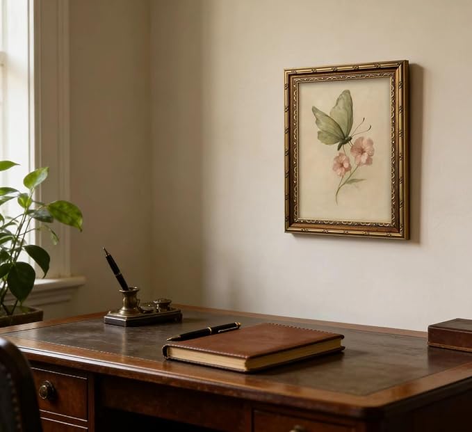 Vintage Gold Framed Wall Art, Retro Butterfly and Pink Flower Oil Painting Canvas Prints, Beige Insect Picture, Rustic Farmhouse Moth Cottagecore Poster Artwork for Living Room Bedroom Bathroom