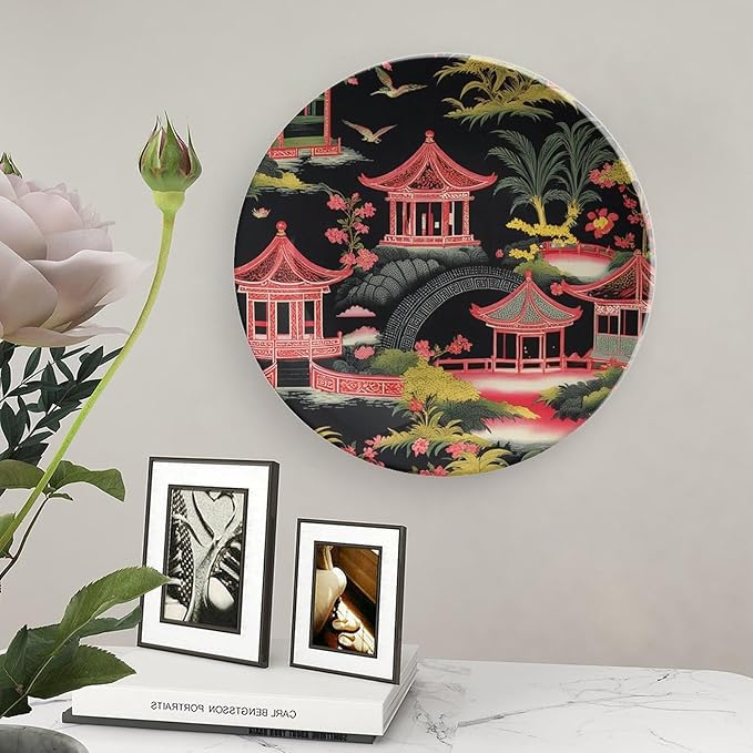 Chinoiserie Charcoal Coral Pagoda Asian China Plates of 6", 7", 9", 10", Customize Blue And White Plates, Office Festival Decorations Table, with Display Stand And Hook Up