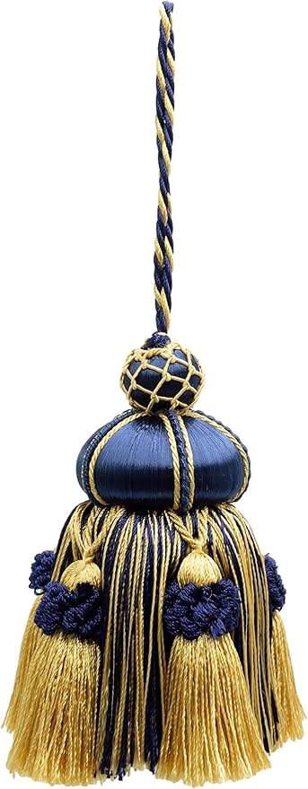Elegant Hand-Crafted 4" (10cm) Key Tassel, 3 1/2" (8.5cm) Loop Accented with Crown Tassels (Style# KTAX4) Nautical Gold Multicolor #1152 (Light Gold, Yellow Gold, Navy Blue) Pack of 2