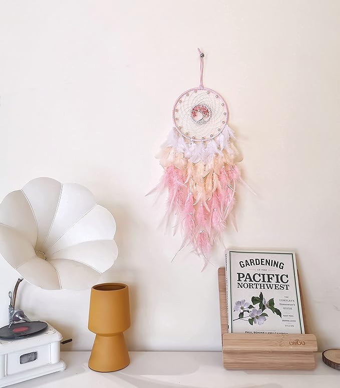 Dream Catchers, Pink Dream Catcher Tree of Life Wall Decor, with Natural Healing Crystal Stone, Perfect Pink Crystal Handmade Dreamlike Dream Catchers for Girls Bedroom Decor Art Craft Gift