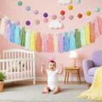 3 Pack Pastel Rainbow Tassel Garland Decorations, Boho Tassel Garland with Wood Beads Colorful Pom Pom Banner Rainbow Wall Hanging Decor for Classroom, Party, Kids Room, Nursery, Baby Shower