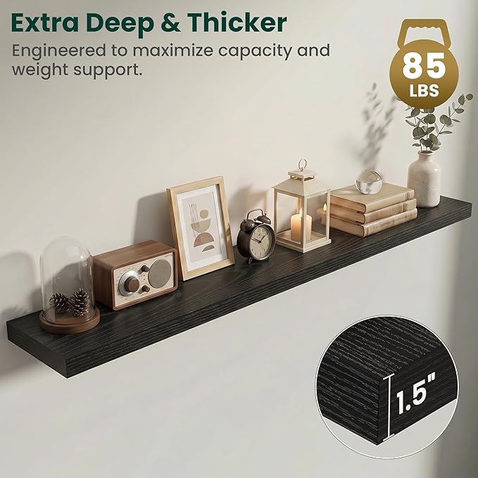 Floating Shelves for Wall 72 in x 9.3 in Deep, Wall Mounted Rustic Wood Shelf with Invisible Brackets for Storage & Display, Living Room Bedroom Bathroom, Black, 1 Pack
