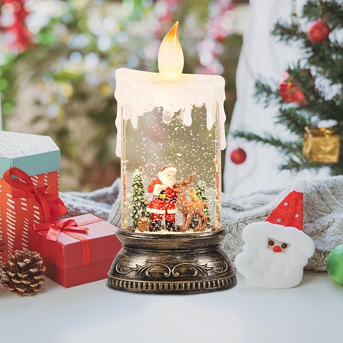 GenSwin Christmas Snow Globe Candle, Swirling Glittering Candle with Timer Music and Santa and Reindeer, Winter Snow Shaped Lantern, USB/Battery Operated Candles for Christmas Decoration