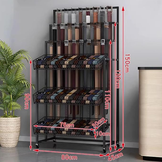 Heavy Duty Belt Display Stand, Metal Belt Rack with 360° Rolling Wheels, Multi-Functional Accessory Display for Belts/Scarves/Wallets, Retail Belt Organizer for Store/Closet/Boutique