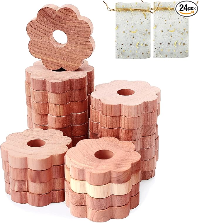 Homode Cedar Blocks for Clothes Storage, 24 Pcs Cedar Rings Cedar Chips for Closets and Drawers, Cedar for Closets Scented Cedar Wood Flowers Closet Freshener
