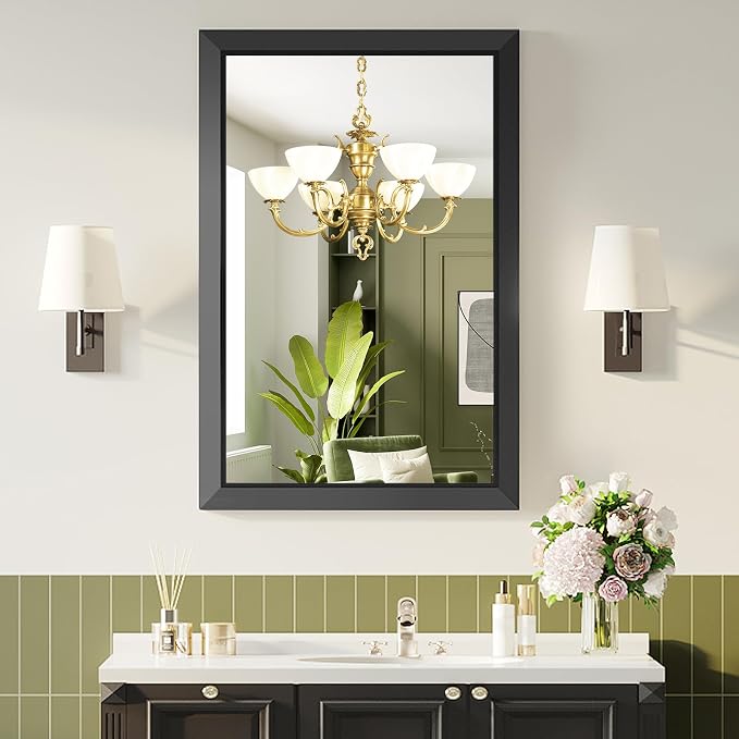 Black Bathroom Mirror for Over Sink, 22x30Inch Thick Anti-Rust Metal Frame, Rectangle Decorative Wall Mirror with HD Tempered Glass Horizontal or Vertical Mount for Vanity, Bedroom, Living Room