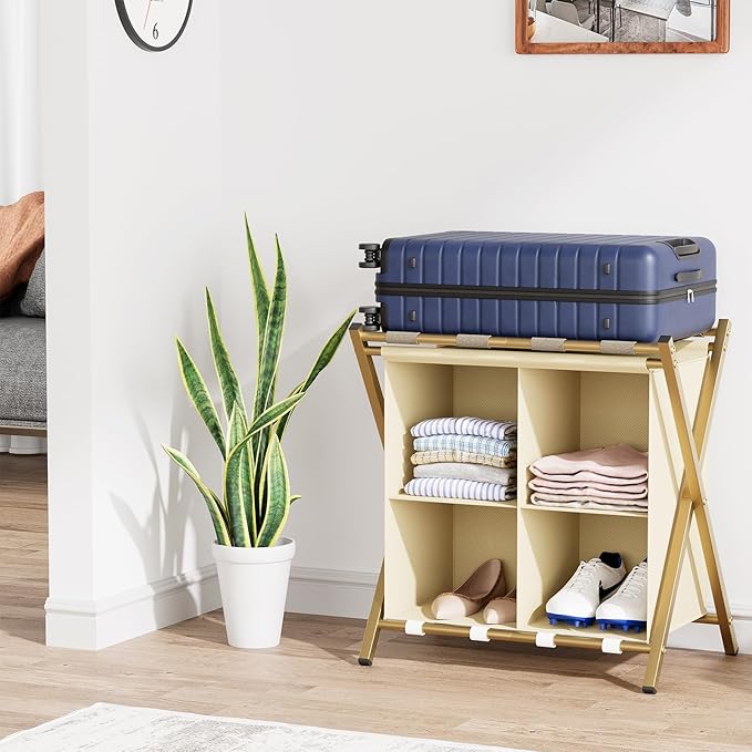 aboxoo 2 Pack Luggage Rack with storage, Guest Room Folding Suitcase Stands, Holds up to 120 lb, Space Saving Suitcase Holders for guest room, Bedroom Hotel, Gold