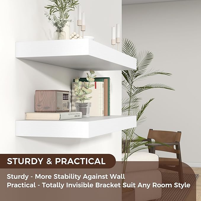 Venusmiles Floating Shelves for Wall, 30" W x 12" D x 2" H, 2 Pack of Long Wall Mounted Engineered Wood Shelves with Invisible Brackets for Living Room, Bedroom, Bathroom, Kitchen Decor, White