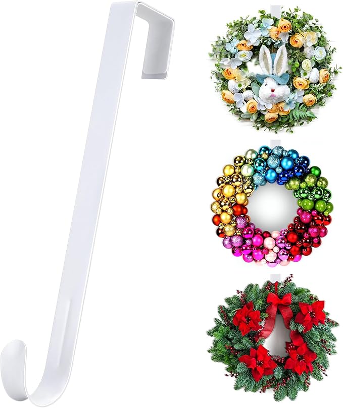 12” Metal Over the Door Wreath Hanger for Front Door, 2 Pack Non-Scratch Door Hook for Hanging Christmas Wreaths, Holiday Decor & Welcome Signs, Durable Wreath Hanger Hooks for Home Decoration, White