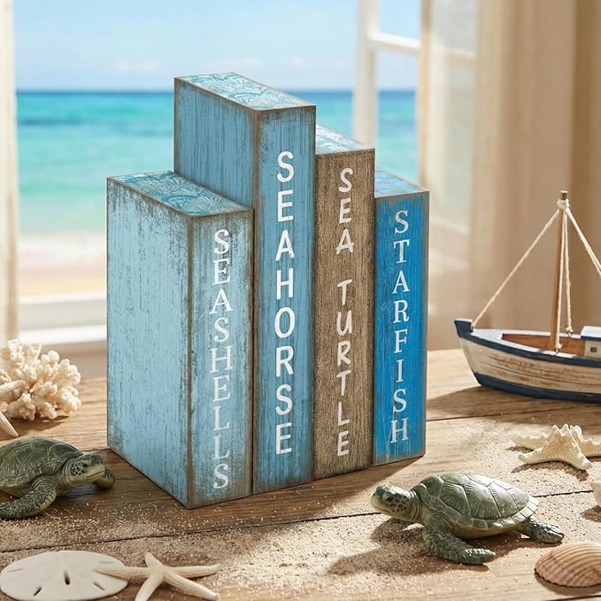 Lineshading 4 Pcs Summer Table Decoration Wooden Book Coastal Beach Decoration Blue and White Summer Tiered Tray Decor Wood Book Sign Farmhouse for Ocean Party Home Shelf Coffee Table
