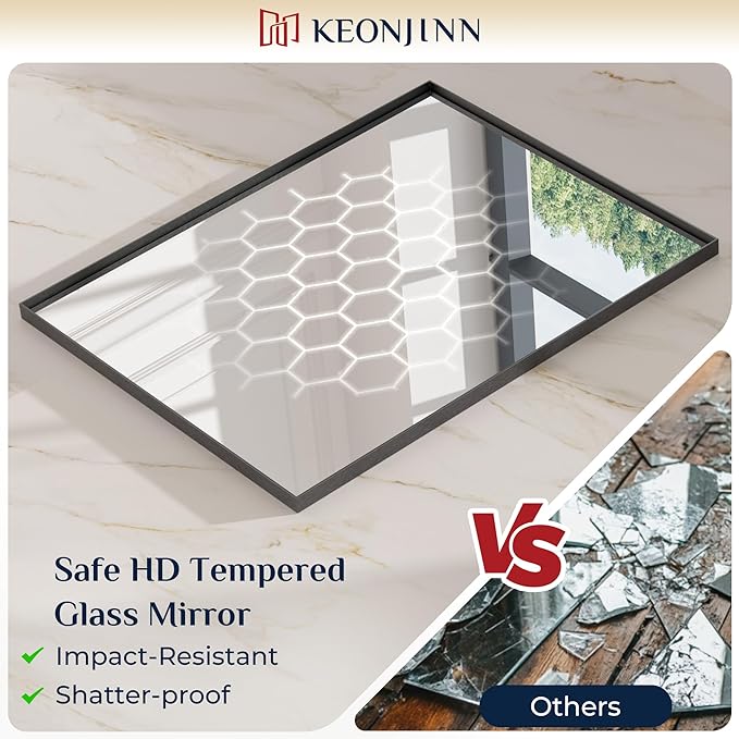 Keonjinn 60 x 36 Inch Black Bathroom Mirrors for Over Sink, Large Metal Framed Rectangle Vanity Mirror for Wall, Matte Black, Square Corner, Oversized, Sturdy & Solid(Horizontal/Vertical)