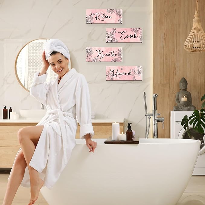 ONIZHITY 4 Pieces Pink Wall Decor Pink Floral Bathroom Decor Wooden Girls Room with Relax Soak Unwind Breathe Positive Hanging Wall Art for Girl Teen Women Bedroom Living Room Decoration (10X4In)