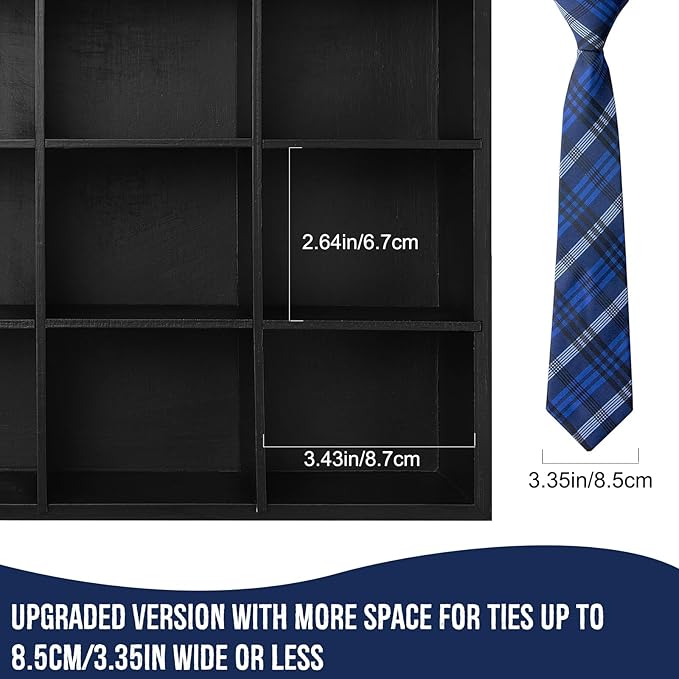 Tie Organizer Wall Mounted Tie rack,Tie box for Men,Tie Storage Box Organizer with 16 Compartments，Tie Display Racks for Bedroom, changing room, Men Wardrobe(Black)