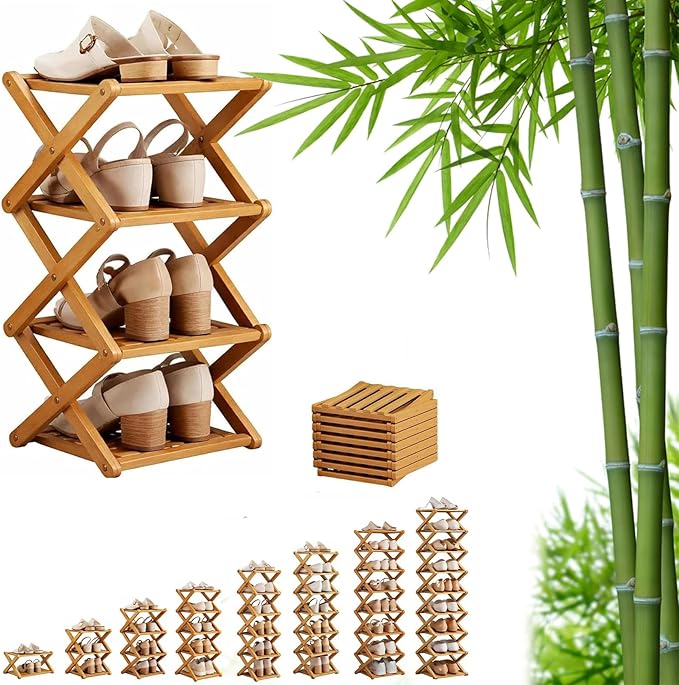 9 Tier Bamboo Shoe Rack, Foldable Shoe Rack, Shoe Rack, Ertical Shoe Organizer for Small Spaces, No Assembly Narrow Shoe Shelf for Entryway Closet Dorm (Yellow, 4 Layers)