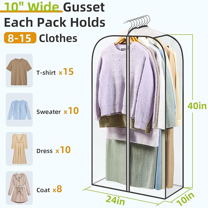 LANDNEOO 2 Pack Clear Garment Bags for Hanging Clothes with Zippers on Double Sides - 10'' Clothes Storage for Coat, Dress, and Fur in Closet - 40'' Long Suit Bags