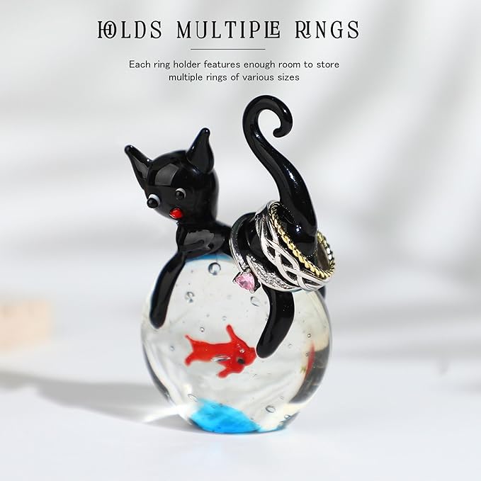 QFkris Blown Glass Black Cat Figurine, 1.6“ Mini Glass Animals Sculpture, Cat and Fish Art Collectible Figurines for Home Decor, Gift for Mom Cat-Lover Birthday