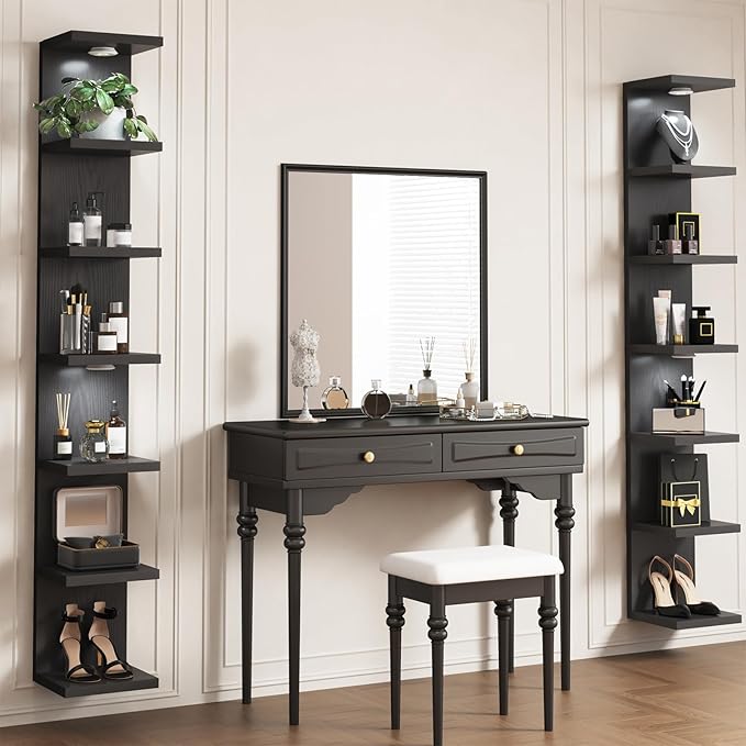 Fixwal Black Shelves 7 Tier Wall Mounted Shelf Unit Floating Shelves with LED Lights Lack Wall Shelf for Home Decor Organizer Display