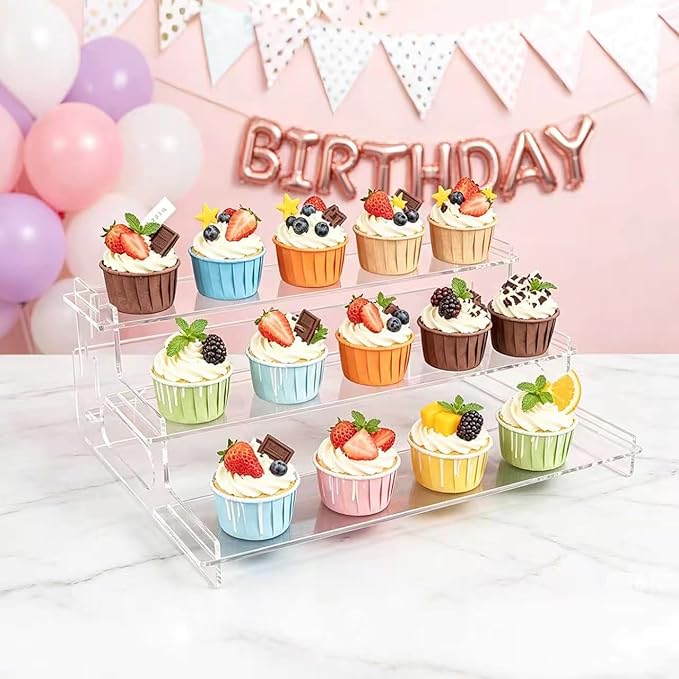 Clear Acrylic Display Risers – 3-Tier Shelf Stand for Cupcakes, Perfume, Figures, Collectibles & Desserts – Decorative Organizer for Party, Vanity, or Retail Display(Small)