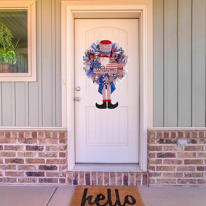 Patriotic Wreath for Front Door Red White Blue Wreath 4th of July Wreaths for Door Wall Memorial Day Decor Independence Day Hanging Decoration for Outside Home Farmhouse Holiday (Long-Legged hat)