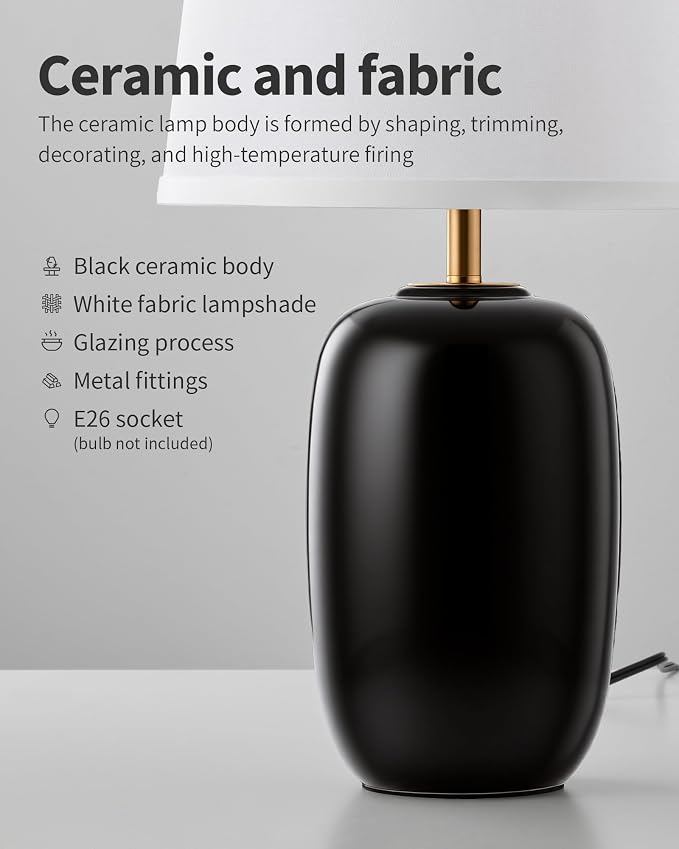 PUSU 22 Inch Black Ceramic Table Lamps Set of 2, Fabric Lampshade Living Room Office Desk lamp, E26 Socket Rotary Switch Lighting for Bedroom, Nightstand, Reading, Office, Study, Corner, Home Decor