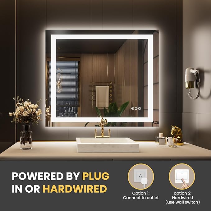 LOAAO 42"x36" LED Bathroom Mirror with Lights, Anti-Fog, Dimmable, Backlit + Front Lit, Lighted Bathroom Vanity Mirror for Wall, Memory Function