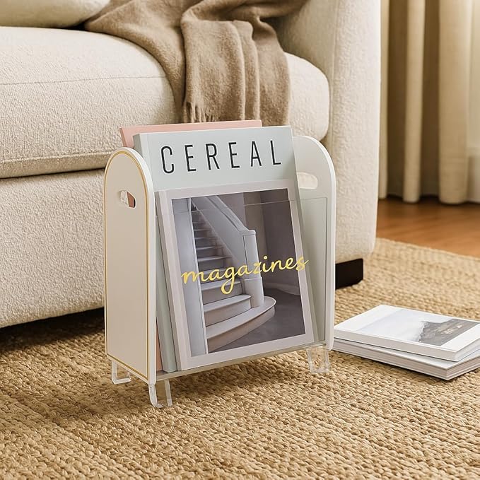 Khen Acrylic Magazine Rack Holder & Gold Trim - 12.40" x 10" x 4.49" - Crystal Lucite Clear - Shatterproof - Open Top - Space Saver - For Magazines, Publications, Office Desk, Reception, Waiting Room