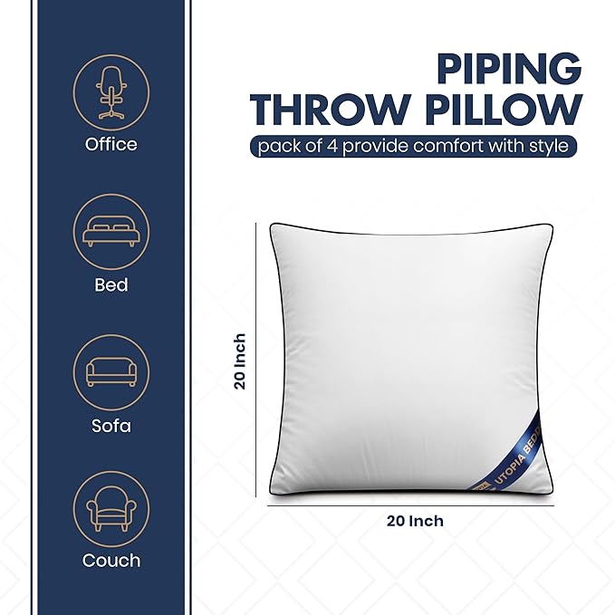 Utopia Bedding Throw Pillow Inserts (Pack of 4, White), 20 x 20 Inches Decorative Indoor Pillows for Sofa, Bed, Couch, Cushion Sham Stuffer