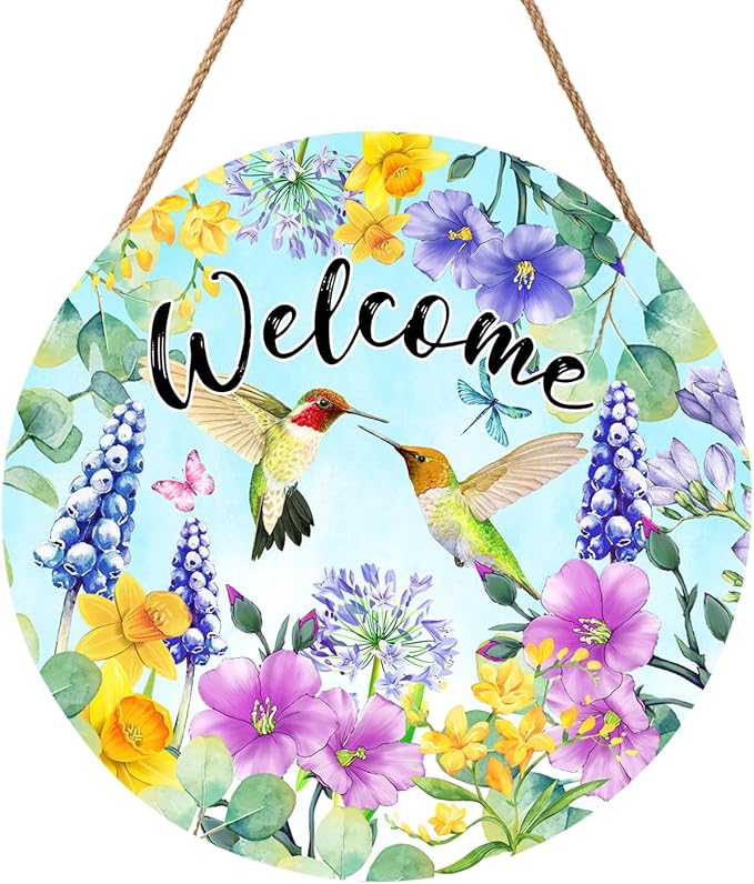 Welcome Spring Summer Hummingbird Front Door Sign Decor 12"x12" Spring Floral Flowers Wood Door Hanger for Outdoor Outside Porch Seasonal Farmhouse Wooden Wreath Wall Hanging Sign for Home Yard