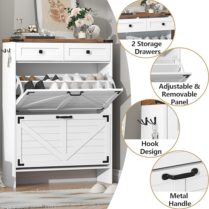 Shoe Cabinet with 2 Flip Drawers, Hidden Shoe Storage Cabinet with 2 Pull-Out Drawers, Farmhouse Shoe Organizer for Entryway, Narrow Shoe Rack for Front Door Entrance, White