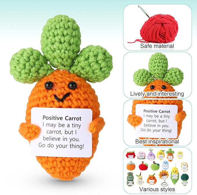 VioraWhite 18 Pcs Crochet Dolls Bulk Positive Handmade Knitted Emotional Fruit Vegetable Dolls with Encouragement Cards for Employee Appreciation Gifts, Coworker Team Building Keepsakes