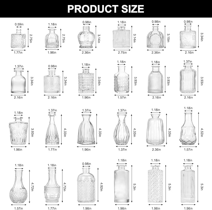 CUCUMl 24 Pack Glass Bud Vases in Bulk for Centerpieces, Clear Vintage Decorative Small Vases for Flowers, Wedding Rustic Home Table Decor