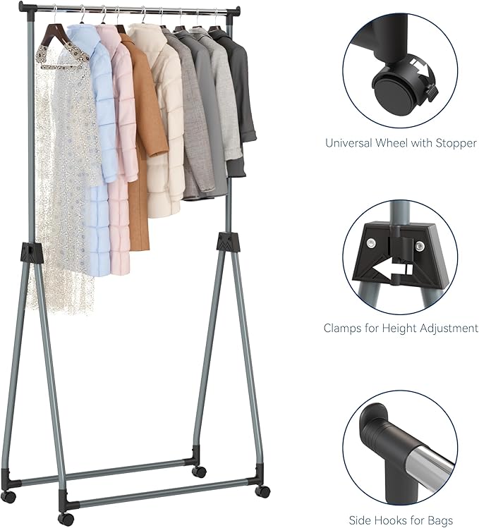 Whitmor Foldable Garment Rack - Rolling Clothes Rack - Adjustable Height Garment Rack, Heavy Duty Foldable Clothes Rack with Adjustable Hanging Rod for Home Office- Silver & Black