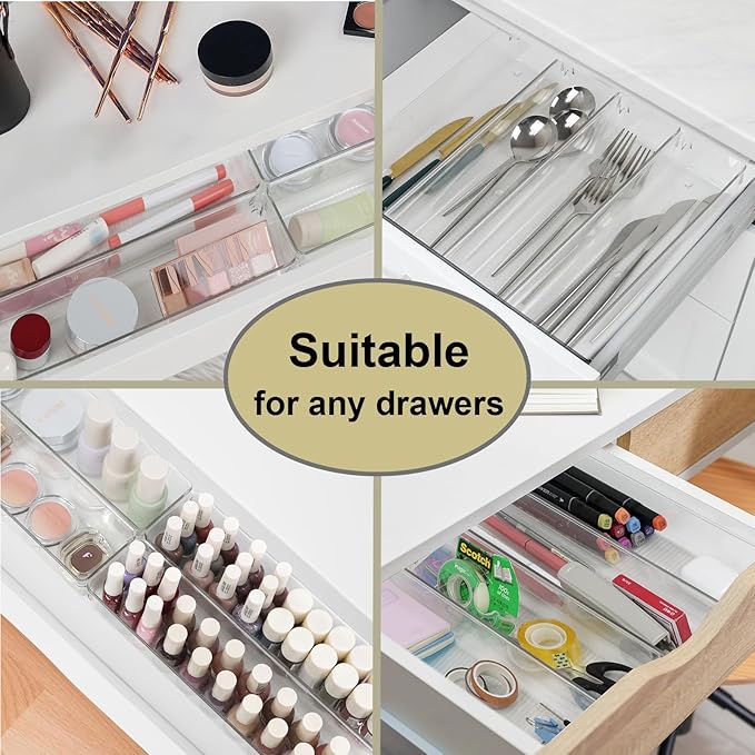 Clear Drawer Organizer Bins Set, Transparent Rectangle Trays, Dresser Bathroom Makeup Vanity Organization and Storage Bins Office Desk Drawer Dividers Organizers (5pc - 12×3×2")