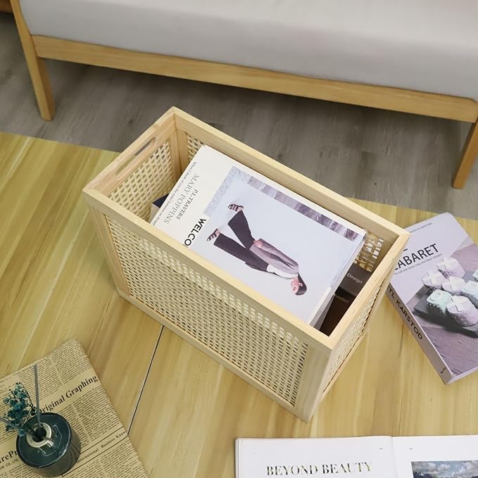 Wood Magazine Holder with Jute Rope Handles,Handcrafted Bamboo Toilet Roll Holder,Wicker Magazine Storage Organizer for Bathroom,Office and Desk -Rectangle- Natural- 15" D x 6.9" W x 11.8" H. (0.58)