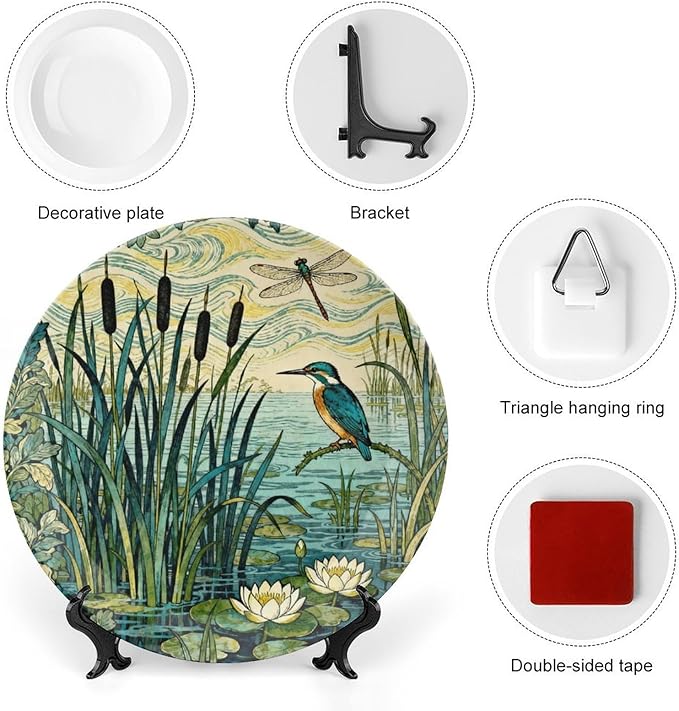 Custom Gifts Ceramic Decorative Plate, William Morris Forest Plants, Birds And Lotus Flowers Hand-Painted Ceramic Decorative Plates Household Unique Art with Stand, Modern Decor for Farmhouse Office