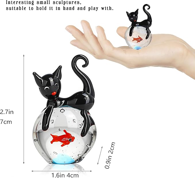 QFkris Blown Glass Black Cat Figurine, 1.6“ Mini Glass Animals Sculpture, Cat and Fish Art Collectible Figurines for Home Decor, Gift for Mom Cat-Lover Birthday