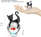 QFkris Blown Glass Black Cat Figurine, 1.6“ Mini Glass Animals Sculpture, Cat and Fish Art Collectible Figurines for Home Decor, Gift for Mom Cat-Lover Birthday