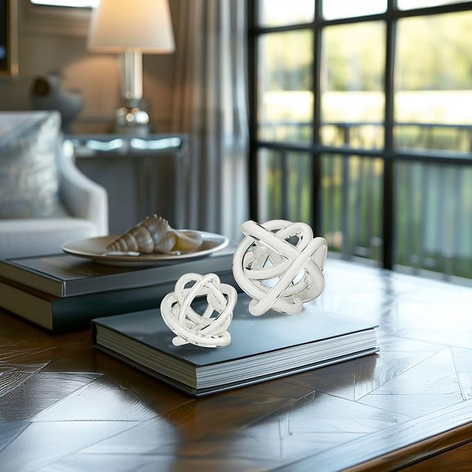 Torre & Tagus Orbit Hand Blown Glass Infinity Knot Sculpture - 3 Inch Glass Art White Knot Decor Ball for Home Decor, Small Centerpiece Table Decoration for Home Interior (Solid White)