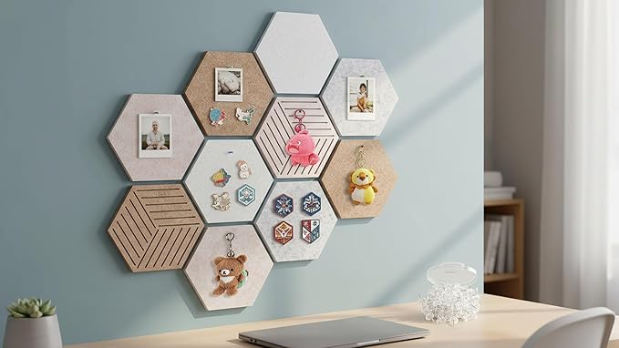 15'' Hexagon Cork Board Tiles Alternative 10 Pack, Adhesive Large Corkboard for Office Decorative, Hexagonal Felt Bulletin Board Tiles for Wall Vision Board, Sound Absorption Pin Board