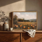 Framed Vintage Pumpkin Wall Art, Farmhouse Pumpkin Field Pictures Wall Decor, Rustic Harvest Landscape Paintings Canvas Prints Country Fall Home Decor for Living Room Kitchen 12×16 inch