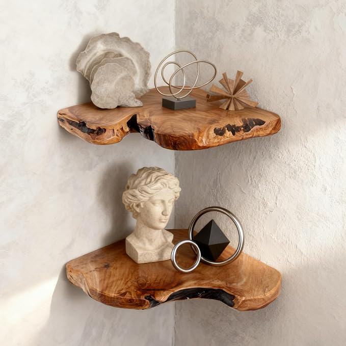 WELLAND Floating Corner Shelf Set of 2 Wall Mounted, 10.86 x 11.5 Inches for Living Room, Bedroom Bathroom, Rustic Space-Saving Corner Storage Shelf for Home Decor and Organization