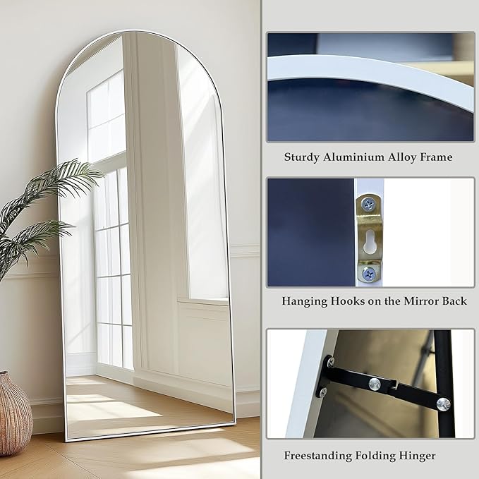 Dewfig Arched White Full Length Mirror, 71"X26", Large Floor Mirror, Full Body Mirrors for Leaning or Hanging, Standing Mirrors for Bedroom, Living Room,Dressing Room, Aluminum Alloy Frame, White