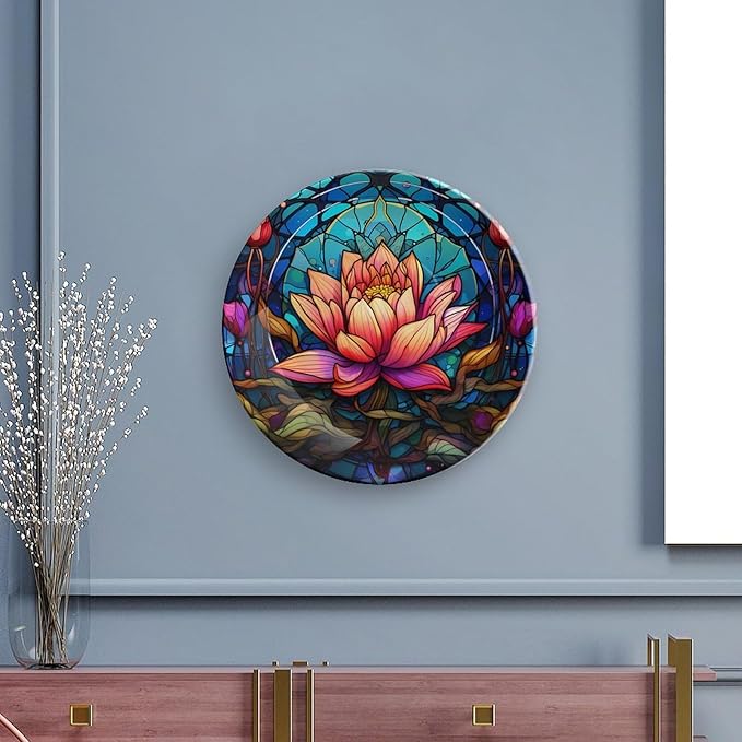 Stained Glass Design Gothic Mandala Lotus Decorative Plates Home Decor Ceramic Plates, Dinner Plates Display for Living Room, Kitchen, Hallway Console Side Table, Presents for Lotus Lover, 7 Inch