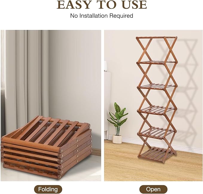 Bamboo Shoe Rack 6 Tier Foldable Shoe Rack Narrow Vertical Shoe Organizer Free Standing Shelf, Multifunctional Slim Storage for Entryway, Corner, Bedroom, Hallway, Walnut Color