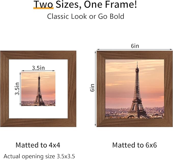 6x6 Picture Frame 3 Pack - Brown Poster Frame Display Pictures 4x4 with Mat or 6 x 6 Without Mat for Wall Hanging Horizontal and Vertical