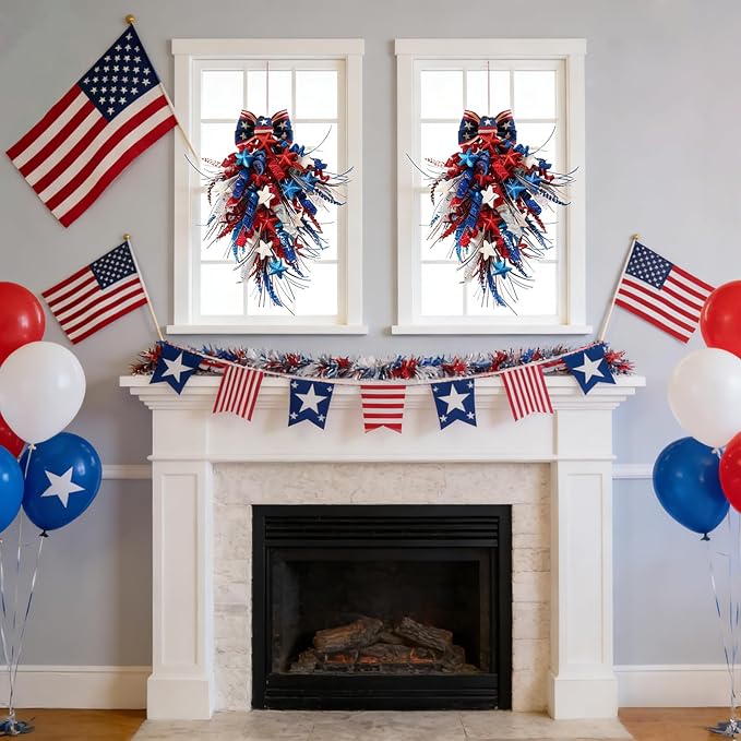 Idyllic 2 Pcs Red White and Blue Glitter Patriotic Swag with Stars & Double Bow | Sparkling 4th of July Memorial Day Front Door Hanging Decor
