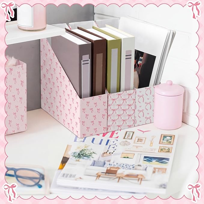 AmazingSpark Set of 4 Pink Bow Magazine File Holder Decorative Foldable Cardboard Magazine Storage Boxes with Acrylic Label Holders Coquettish Boho Organizer for Office Home Organization Storage