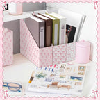 AmazingSpark Set of 4 Pink Bow Magazine File Holder Decorative Foldable Cardboard Magazine Storage Boxes with Acrylic Label Holders Coquettish Boho Organizer for Office Home Organization Storage