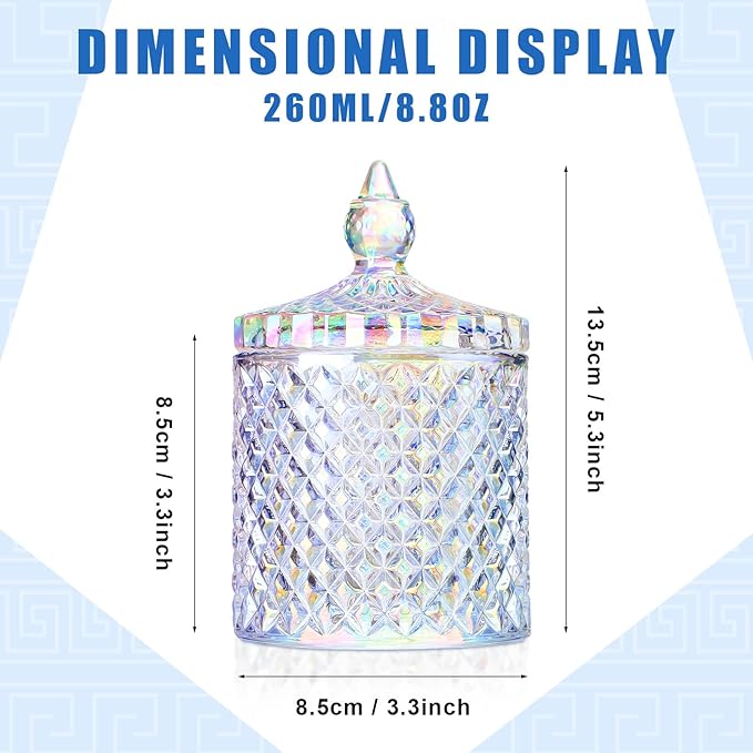 Aoriher 4 Pcs Crystal Glass Candy Jar Set with Lids Home Decorative Storage Jars for Apothecary, Bathroom, Kitchen, and Pantry, Ideal for Cotton Swabs and Jewelry(Medium,Rainbow)