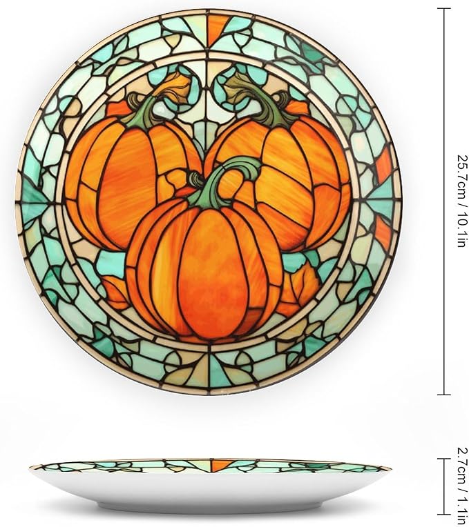 Stained Glass Watercolor Pumpkin Decorative Plates Home Decor Ceramic Plates, Fall Season Dinner Plates Display for Living Room, Kitchen, Hallway Console Side Table, Thanksgiving Gifts, 10 Inch